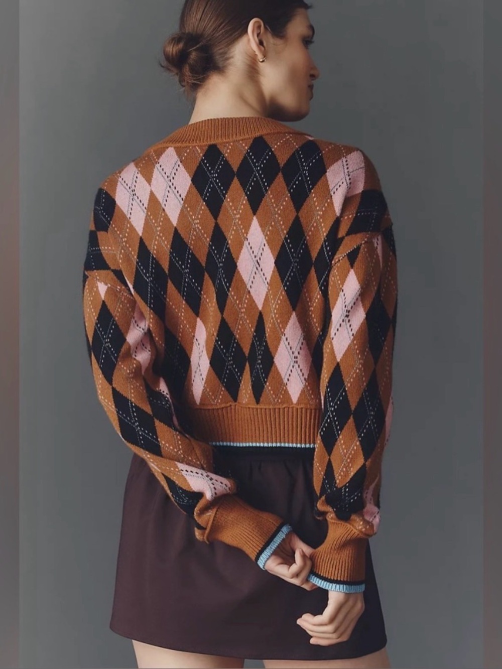 Maeve by Anthropologie The Sutton Compact Cardigan Sweater Camel Argyle LARGE - Picture 2 of 10